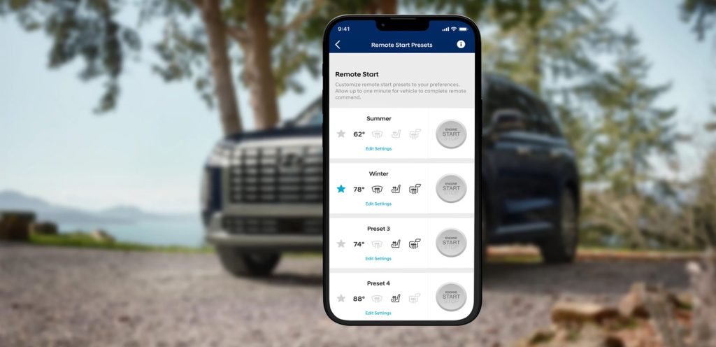 Smartphone displaying remote start presets with a parked SUV in the background.