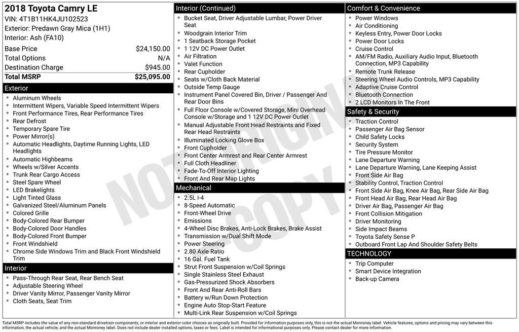 2018 Toyota CAMRY LE