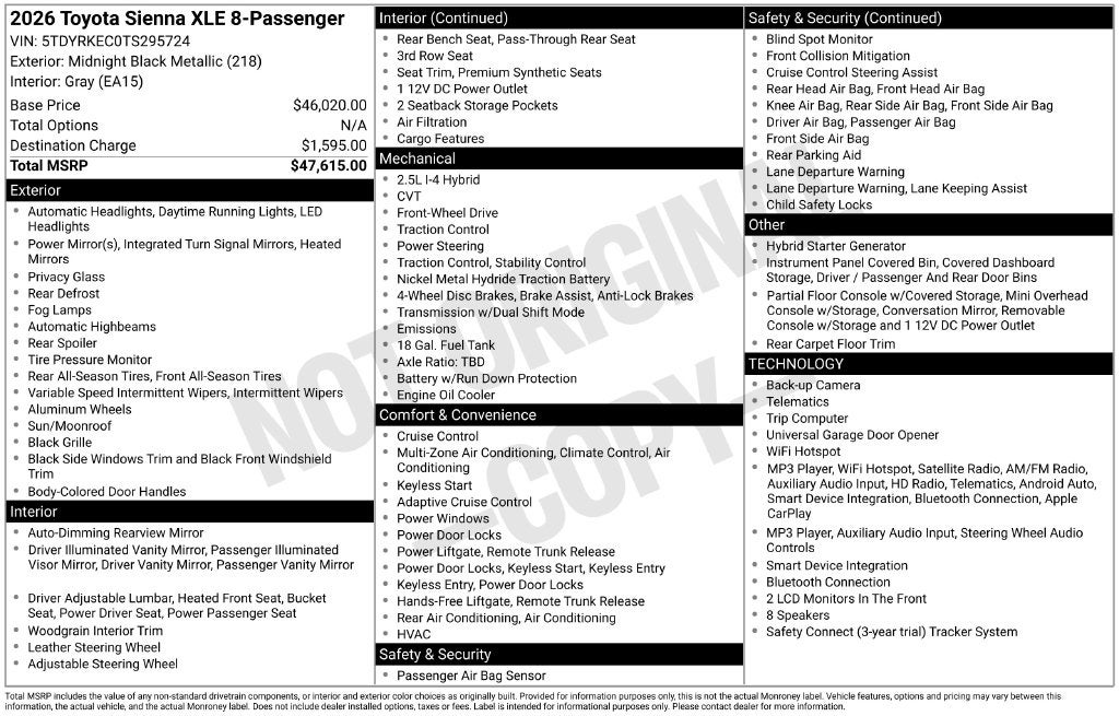 2026 Toyota Sienna XLE 8 Passenger