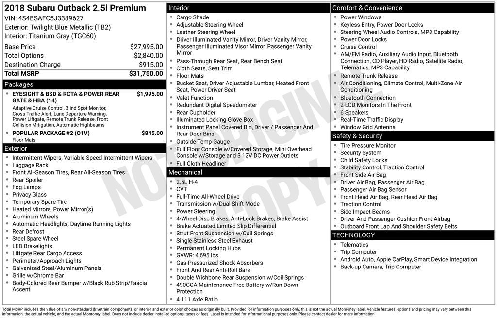 2018 Subaru Outback 2.5i Premium