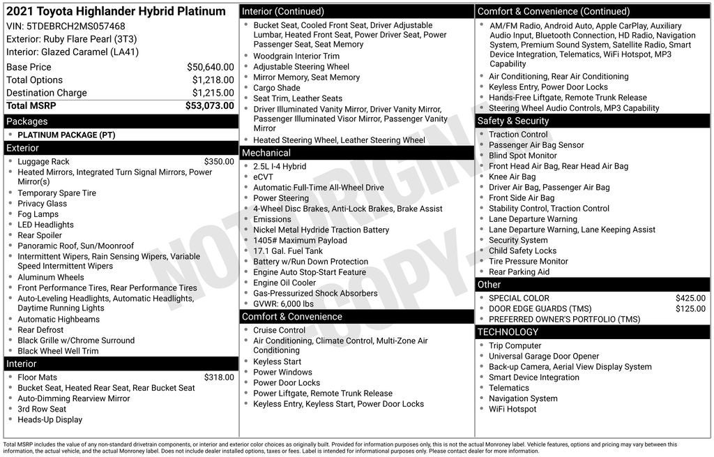 2021 Toyota HIGHLANDER HYBRD Platinum