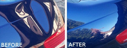 Before and after photos show a car's glossy dark blue surface, with dents removed and clear reflections.