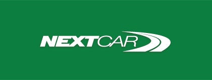 The NextCar logo features white text nextcar with a white stylized,curved arrow graphic to the right against green background